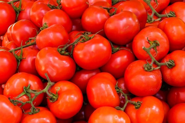 A large pile of ripe red tomatoes.
