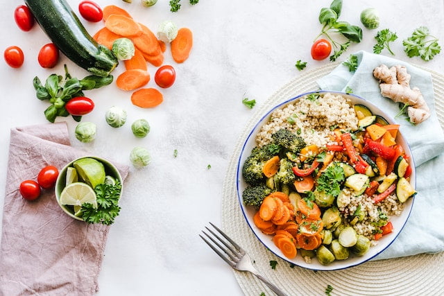 A bowl of vegetables and rice, providing a healthy meal option for seniors looking to improve their longevity and overall health with proper diet advice.
