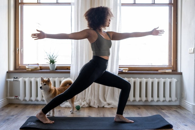A woman practicing yoga in front of a window with her dog, incorporating wellness tips for senior health.