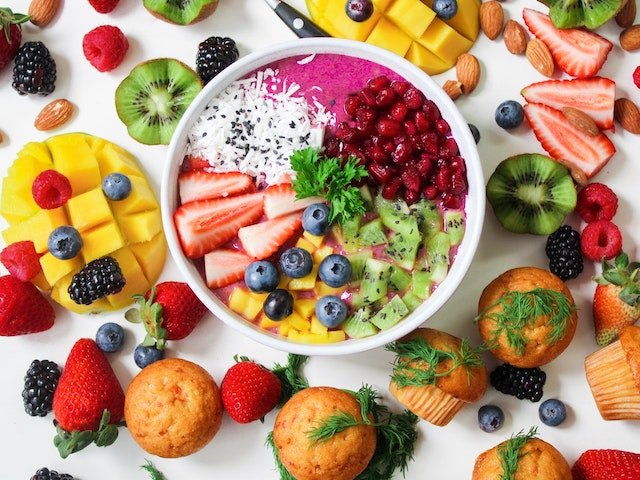 A bowl full of fruit and muffins, a perfect combination for wellness tips.