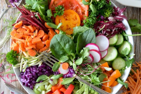 A colorful salad with carrots, cucumbers, tomatoes and avocados that promotes longevity and senior health.
